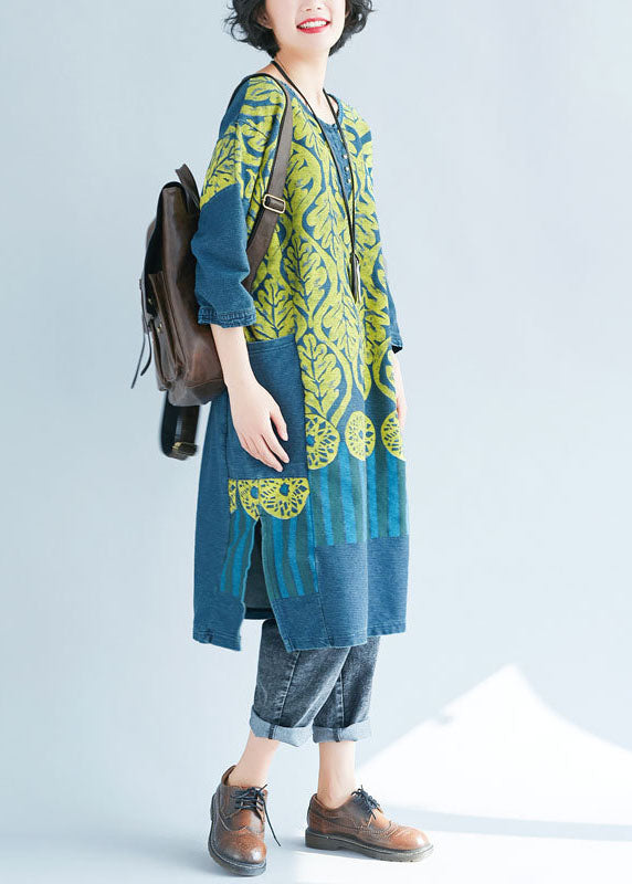 Blue O-neck Side Open Print Sweatshirts Dresses Spring