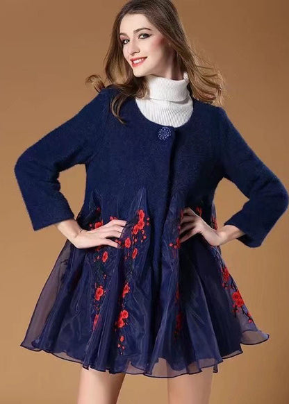 Blue Organza Patchwork Embroideried Wool Coats Winter