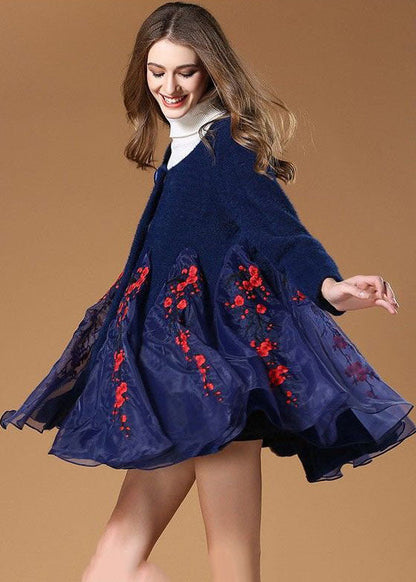 Blue Organza Patchwork Embroideried Wool Coats Winter