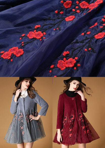 Blue Organza Patchwork Embroideried Wool Coats Winter