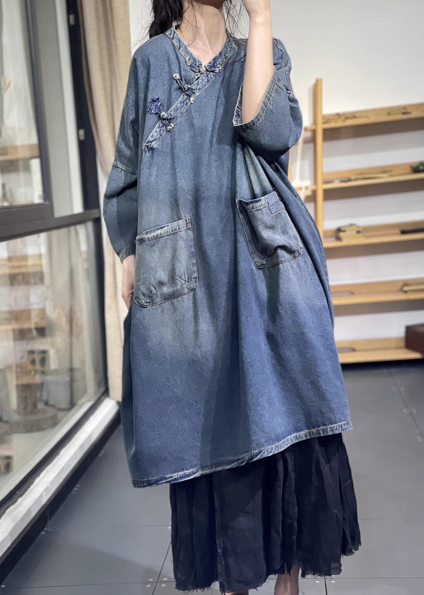 Blue Oversized Chinese Button Denim Long Dress Spring
