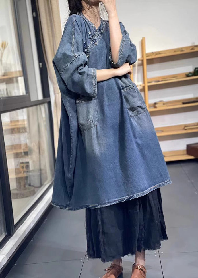 Blue Oversized Chinese Button Denim Long Dress Spring
