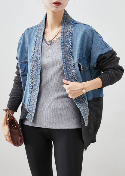 Blue Oversized Patchwork Knit Denim Loose Coat Fall