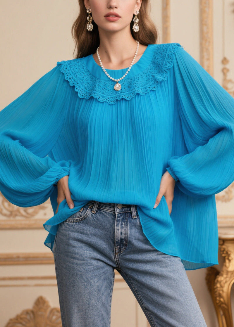 Blue Oversized Patchwork Lace Chiffon Pleated Blouses Spring