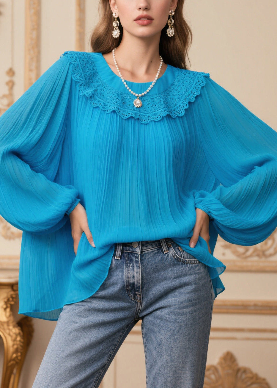 Women Blue Oversized Patchwork Lace Chiffon Pleated Blouses Spring