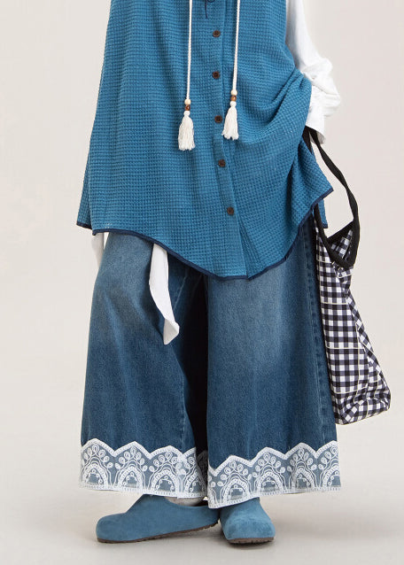 Blue Oversized Patchwork Lace Denim Wide Leg Pants Spring