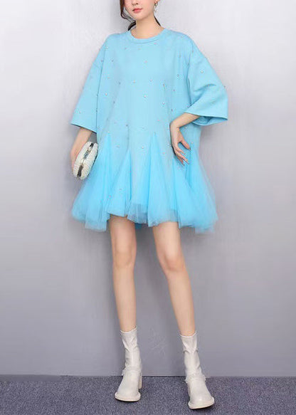 Blue Oversized Patchwork Tulle Mini Dress Summer