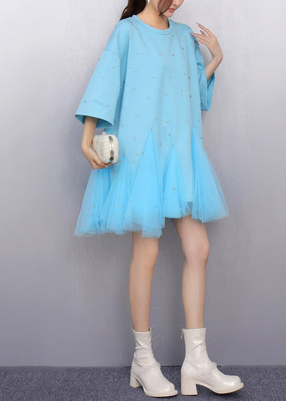 Blue Oversized Patchwork Tulle Mini Dress Summer