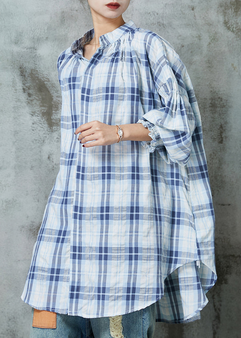 Blue Oversized Plaid Cotton Blouses Lantern Sleeve