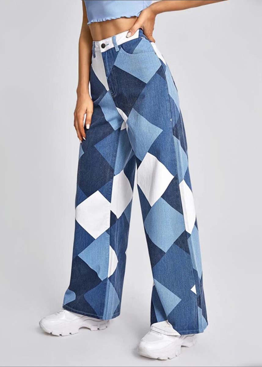 Blue Oversized Plaid Denim Straight Pants Summer