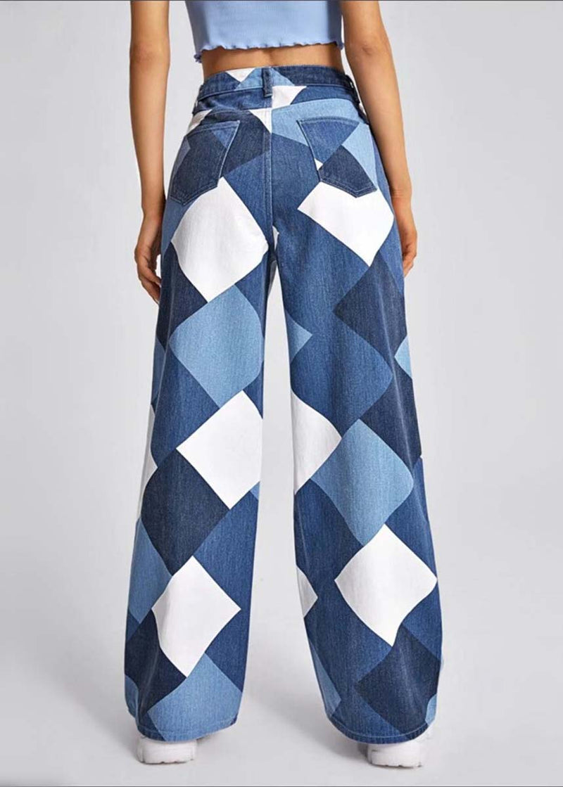 Blue Oversized Plaid Denim Straight Pants Summer