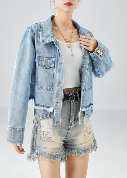Blue Oversized Pockets Cotton Denim Coat Fall