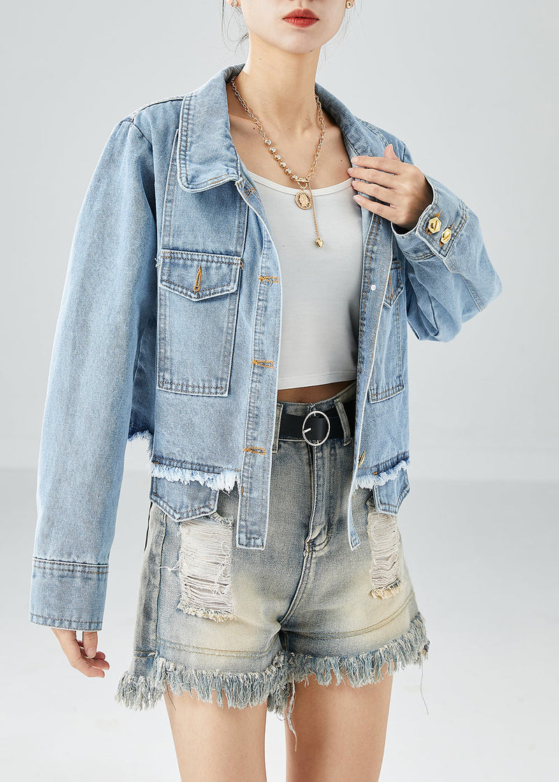 Blue Oversized Pockets Cotton Denim Coat Fall