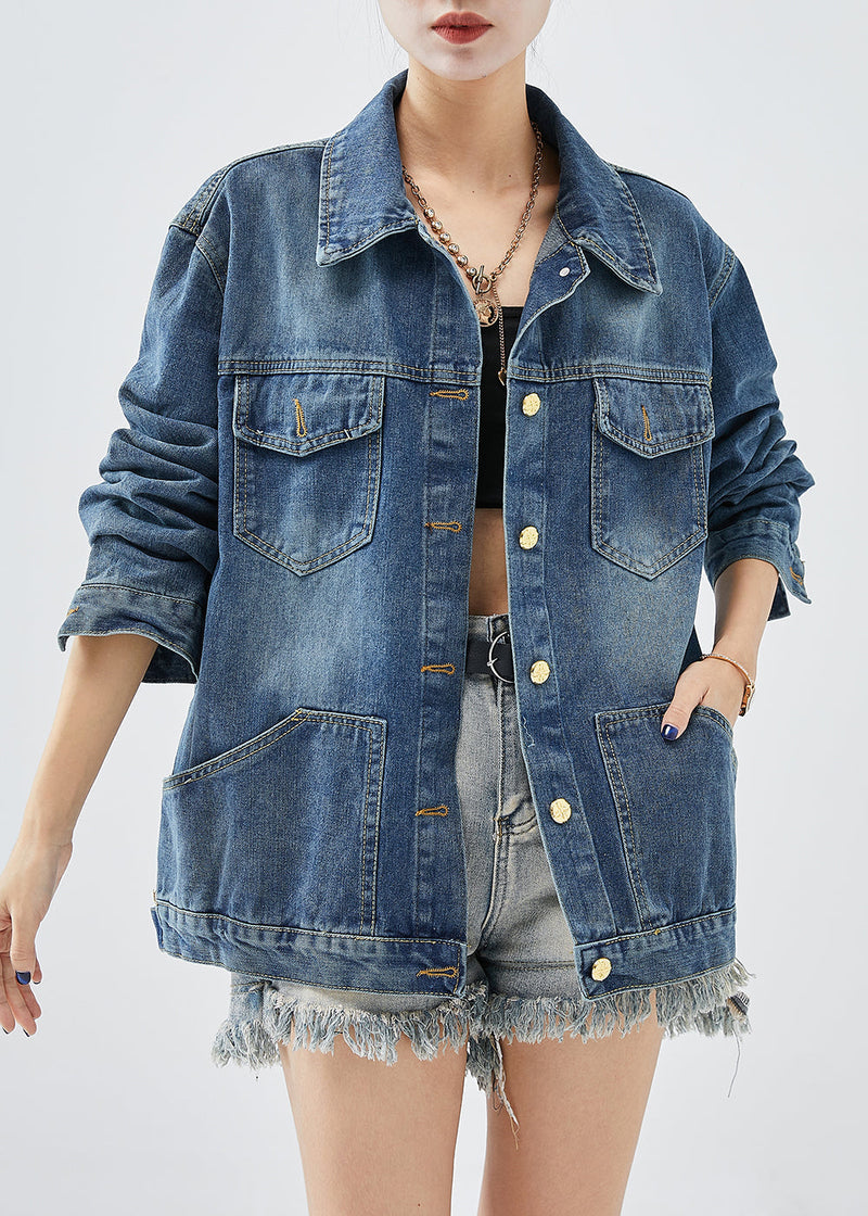 Blue Oversized Pockets Denim Coats Fall