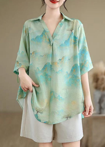 Blue Oversized Print Chiffon Shirts Summer