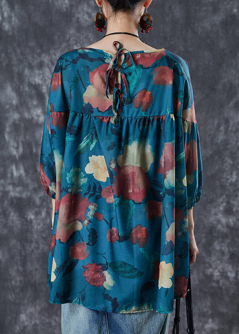Blue Oversized Print Cotton Shirt Top Summer