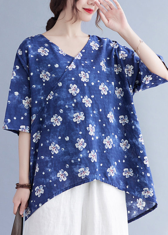 Blue Oversized Print Low High Design Linen Tank Tops Summer