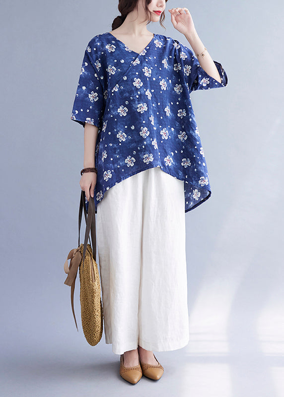 Blue Oversized Print Low High Design Linen Tank Tops Summer