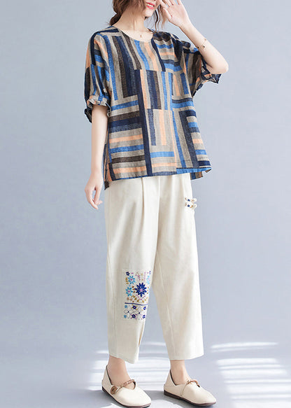 Blue Oversized Striped Linen Shirt Tops Summer