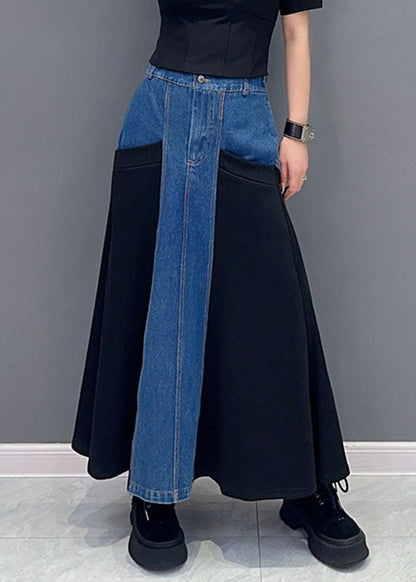 Blue Patchwork Black High Waist Denim Maxi Fish Tail Skirts