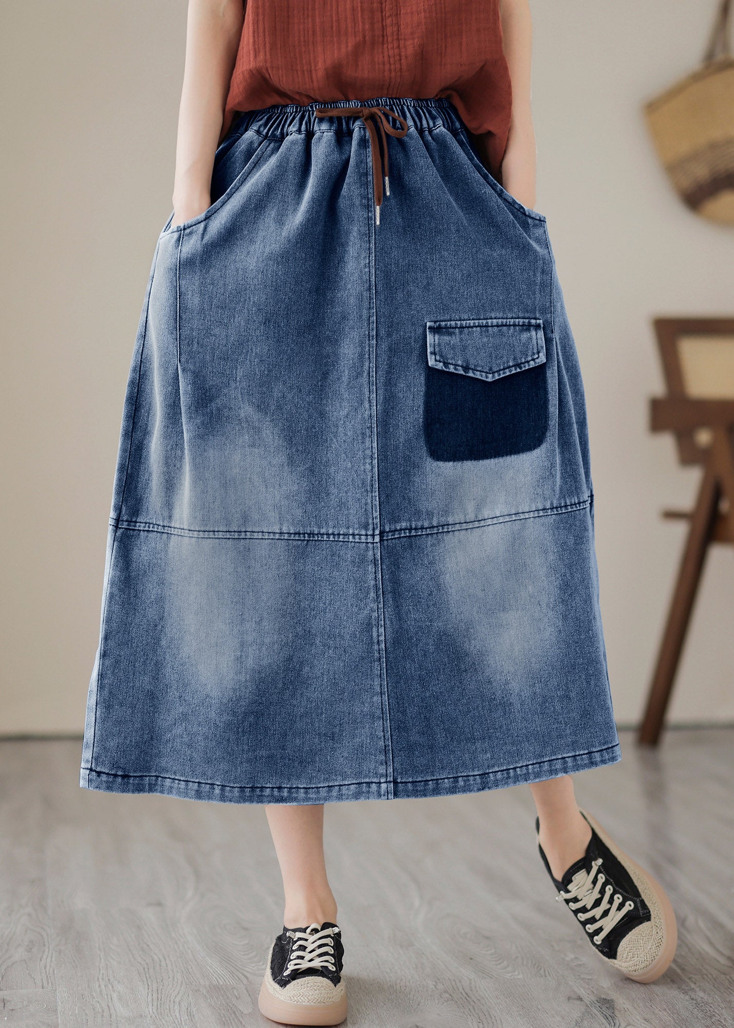 Blue Patchwork Drawstring Elastic Waist Denim Skirts Summer