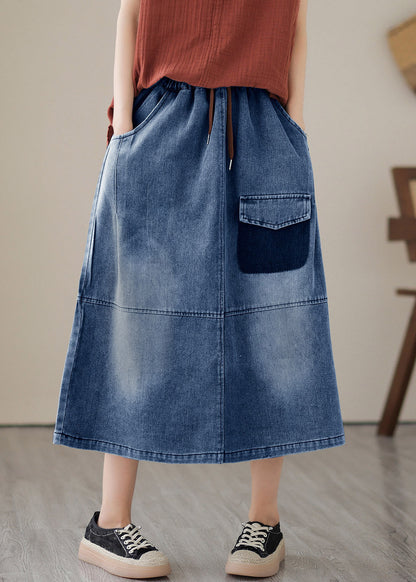Blue Patchwork Drawstring Elastic Waist Denim Skirts Summer