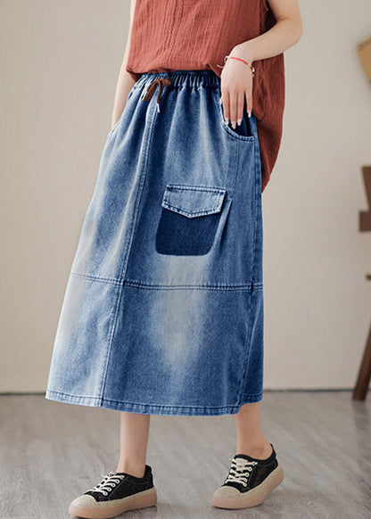 Blue Patchwork Drawstring Elastic Waist Denim Skirts Summer