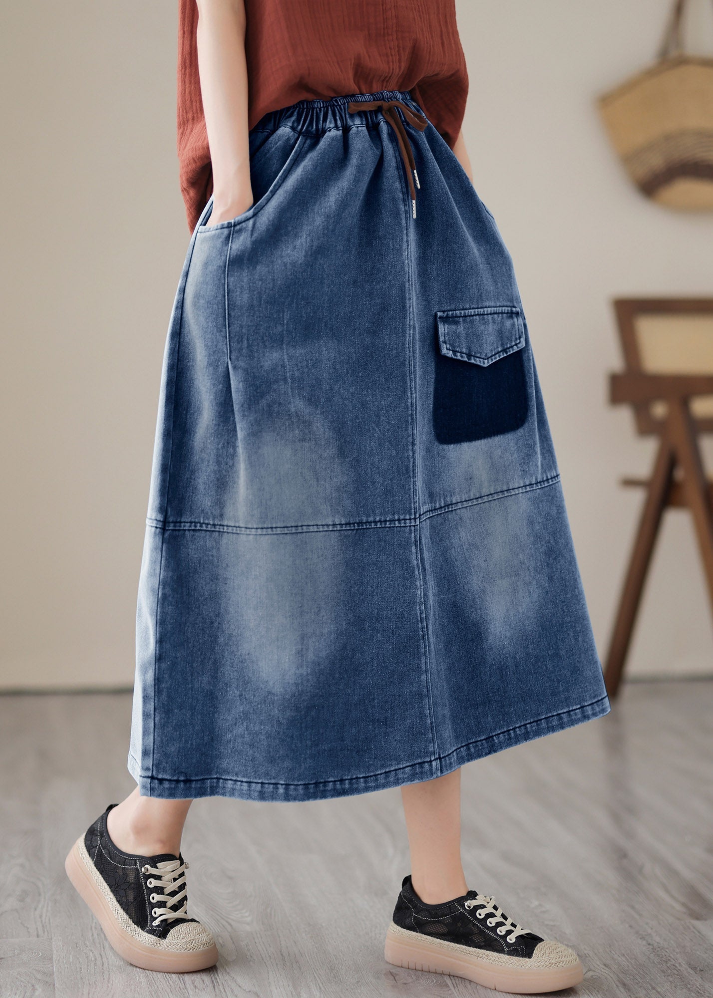 Blue Patchwork Drawstring Elastic Waist Denim Skirts Summer