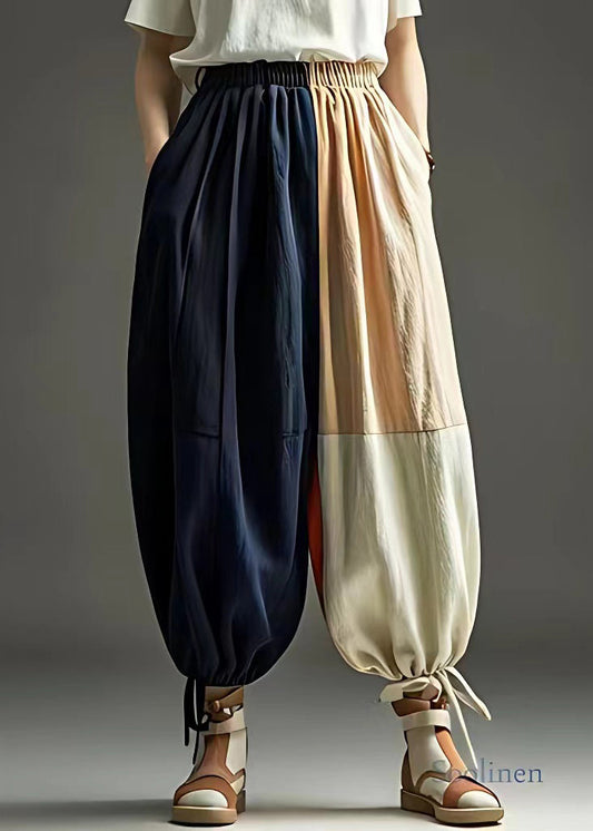 Blue Patchwork Elastic Waist Beam Pants