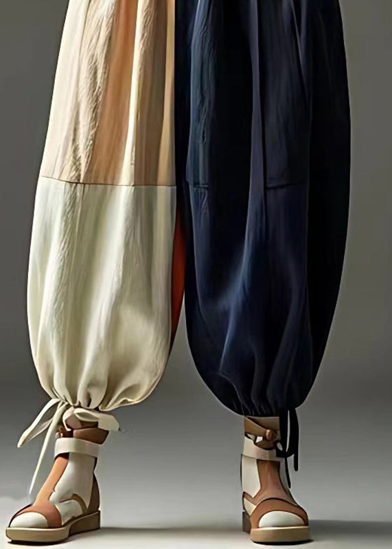 Blue Patchwork Elastic Waist Beam Pants