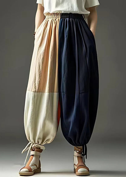 Blue Patchwork Elastic Waist Beam Pants