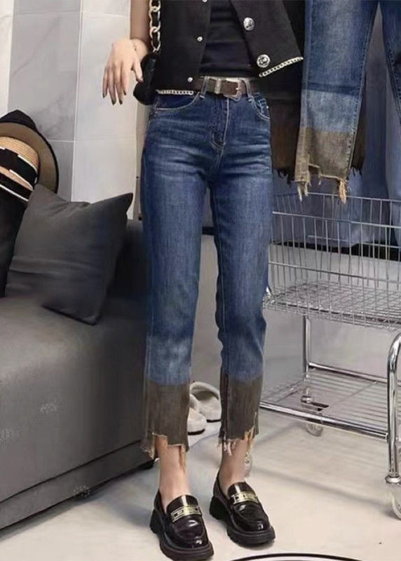 Blue Patchwork High Waist Crop Straight Pants