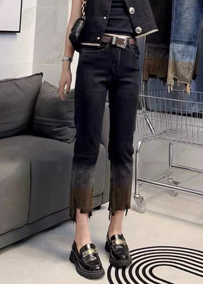 Blue Patchwork High Waist Crop Straight Pants
