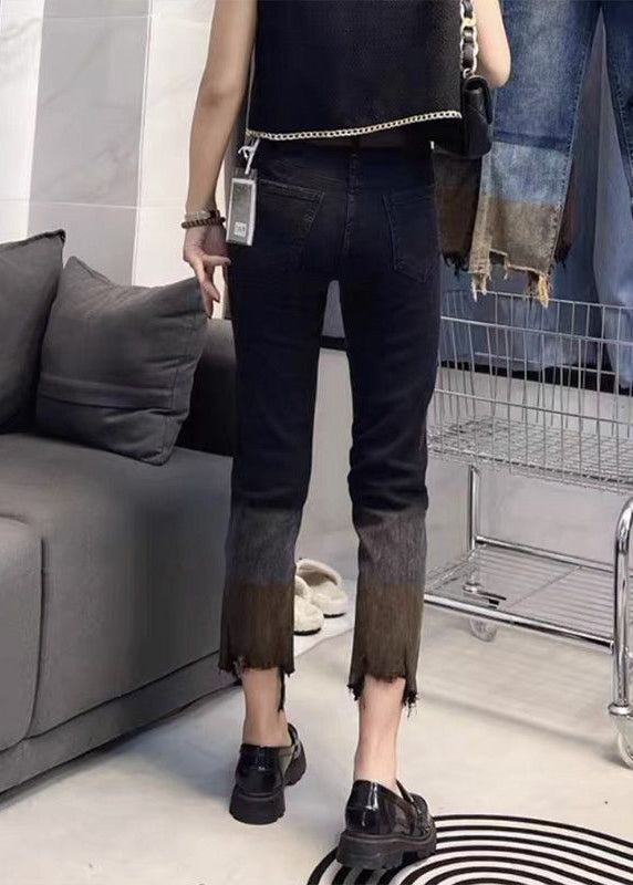 Blue Patchwork High Waist Crop Straight Pants