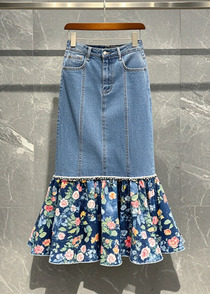 Blue Patchwork Print Denim Wraped Skirt Fall