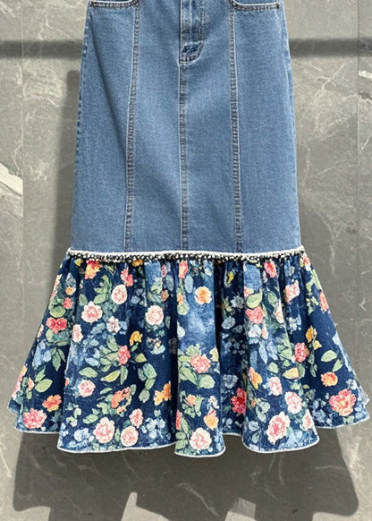 Blue Patchwork Print Denim Wraped Skirt Fall