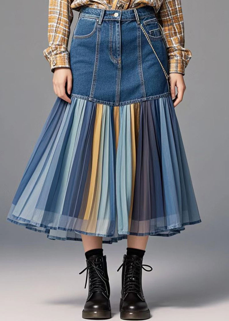 Blue Patchwork Rainbow Striped Denim Skirt Fall