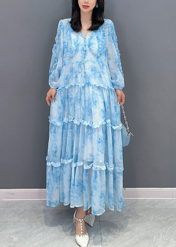Blue Patchwork Ruffled Button Chiffon Maxi Dresses Spring