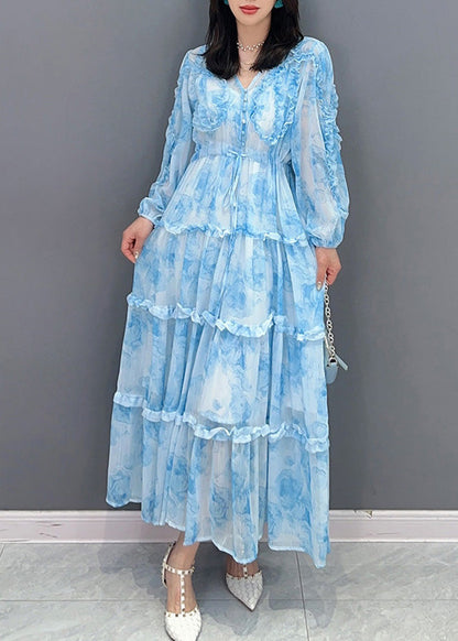 Blue Patchwork Ruffled Button Chiffon Maxi Dresses Spring
