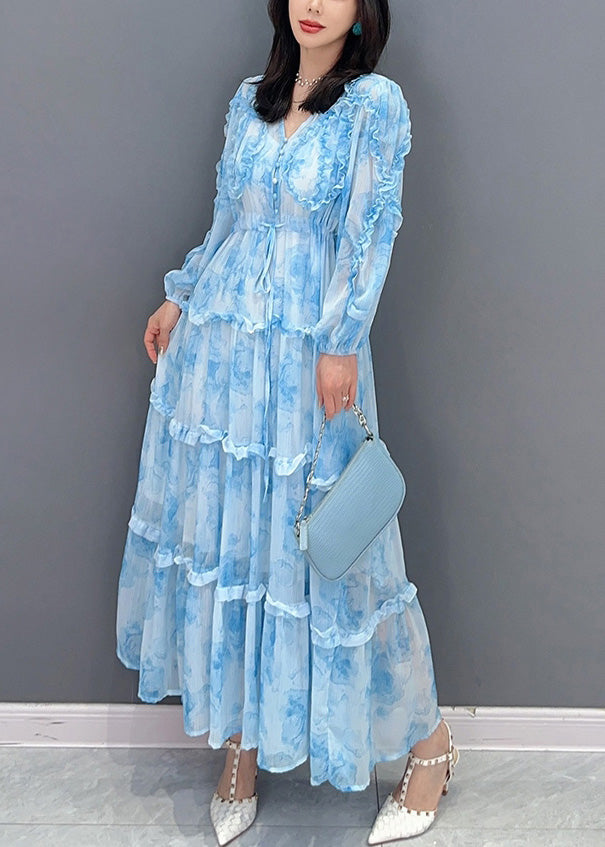 Blue Patchwork Ruffled Button Chiffon Maxi Dresses Spring