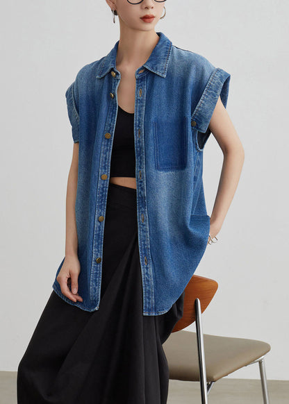 Blue Peter Pan Collar Button Denim Shirt Coat Summer