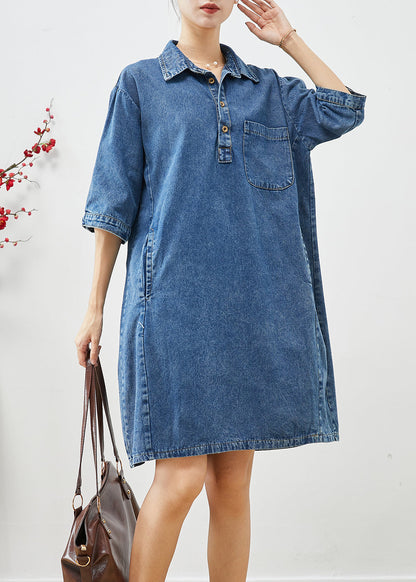 Blue Peter Pan Collar Cinched Denim Dress Half Sleeve