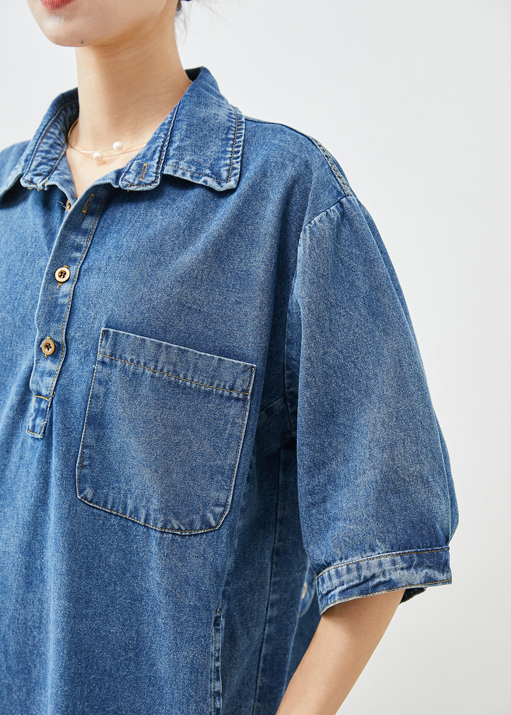 Blue Peter Pan Collar Cinched Denim Dress Half Sleeve
