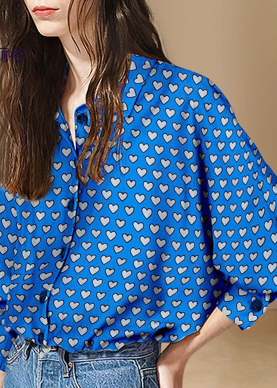 Blue Peter Pan Collar Heart Print Patchwork Cotton Shirt Tops Spring