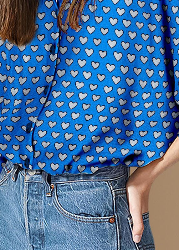 Blue Peter Pan Collar Heart Print Patchwork Cotton Shirt Tops Spring