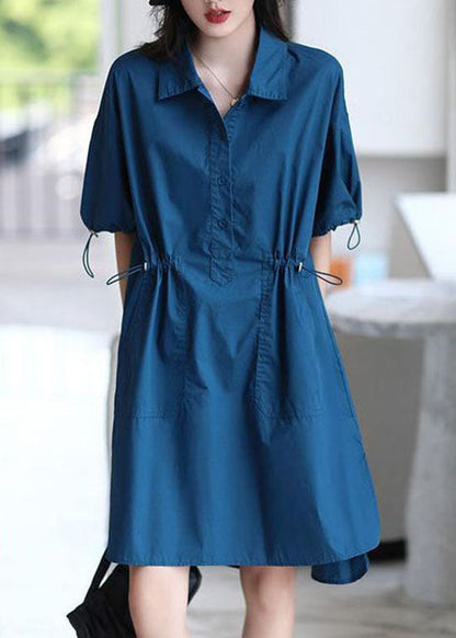 Blue Peter Pan Collar Patchwork Cotton Shirts Dresses Summer