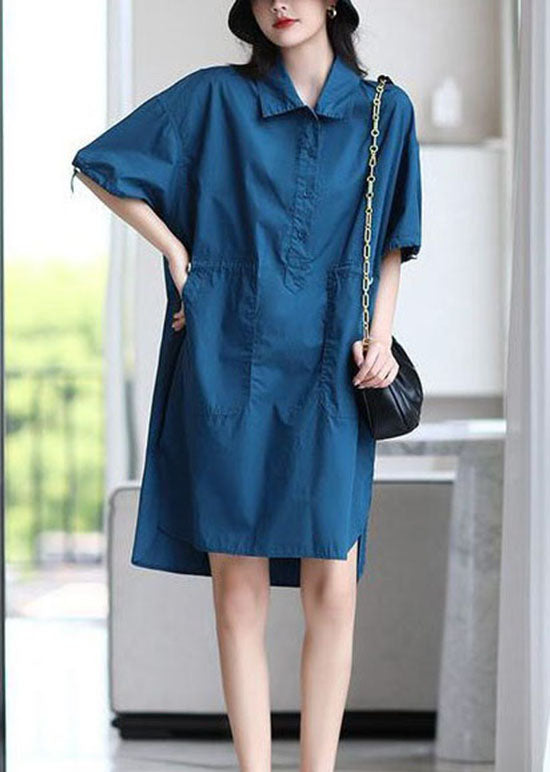 Blue Peter Pan Collar Patchwork Cotton Shirts Dresses Summer