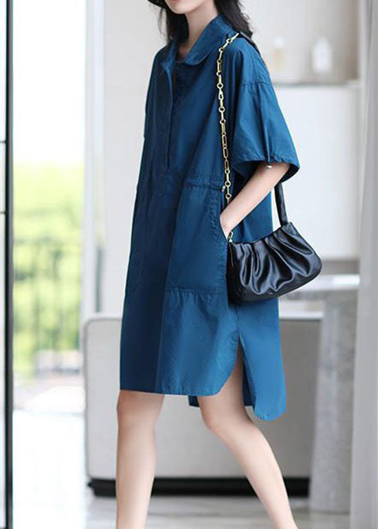 Blue Peter Pan Collar Patchwork Cotton Shirts Dresses Summer