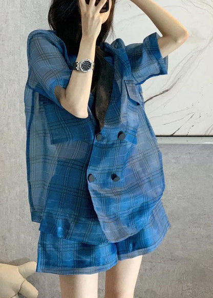 Blue Peter Pan Collar Plaid Patchwork Top Hot Pants Two-piece Set Short Sleeve