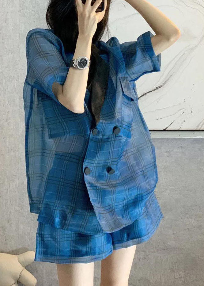 Blue Peter Pan Collar Plaid Patchwork Top Hot Pants Two-piece Set Short Sleeve